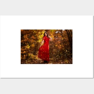 Woman in red dress in the oak forest, full body Posters and Art